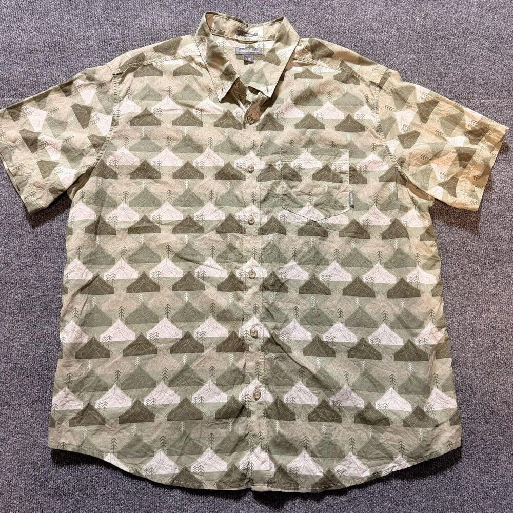 Eddie Bauer Shirt Mens 2XL Green Tent Print Short Sleeve Button Up Camp Casual